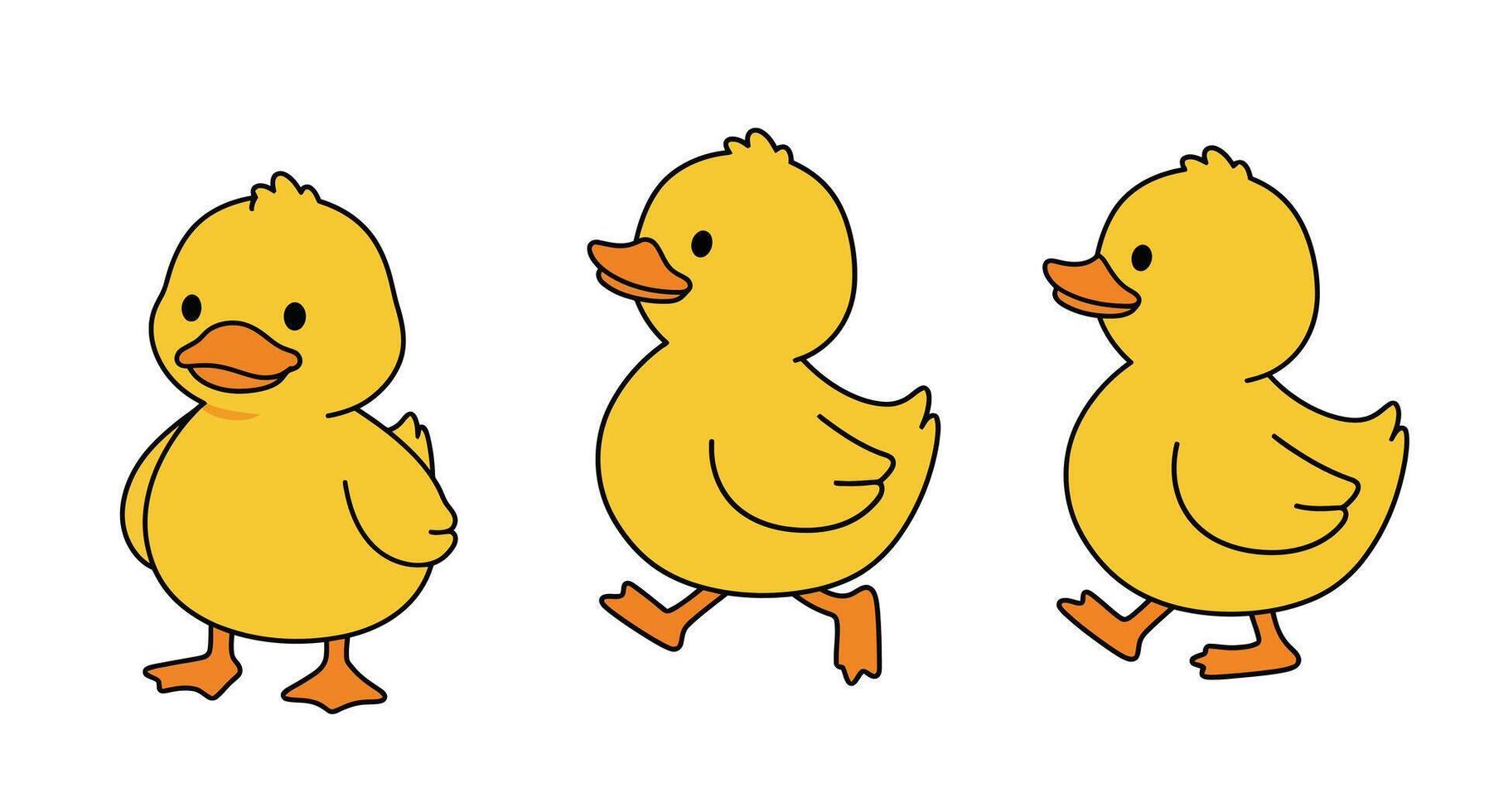 Yellow duck character in playful walking motion flat illustration vector
