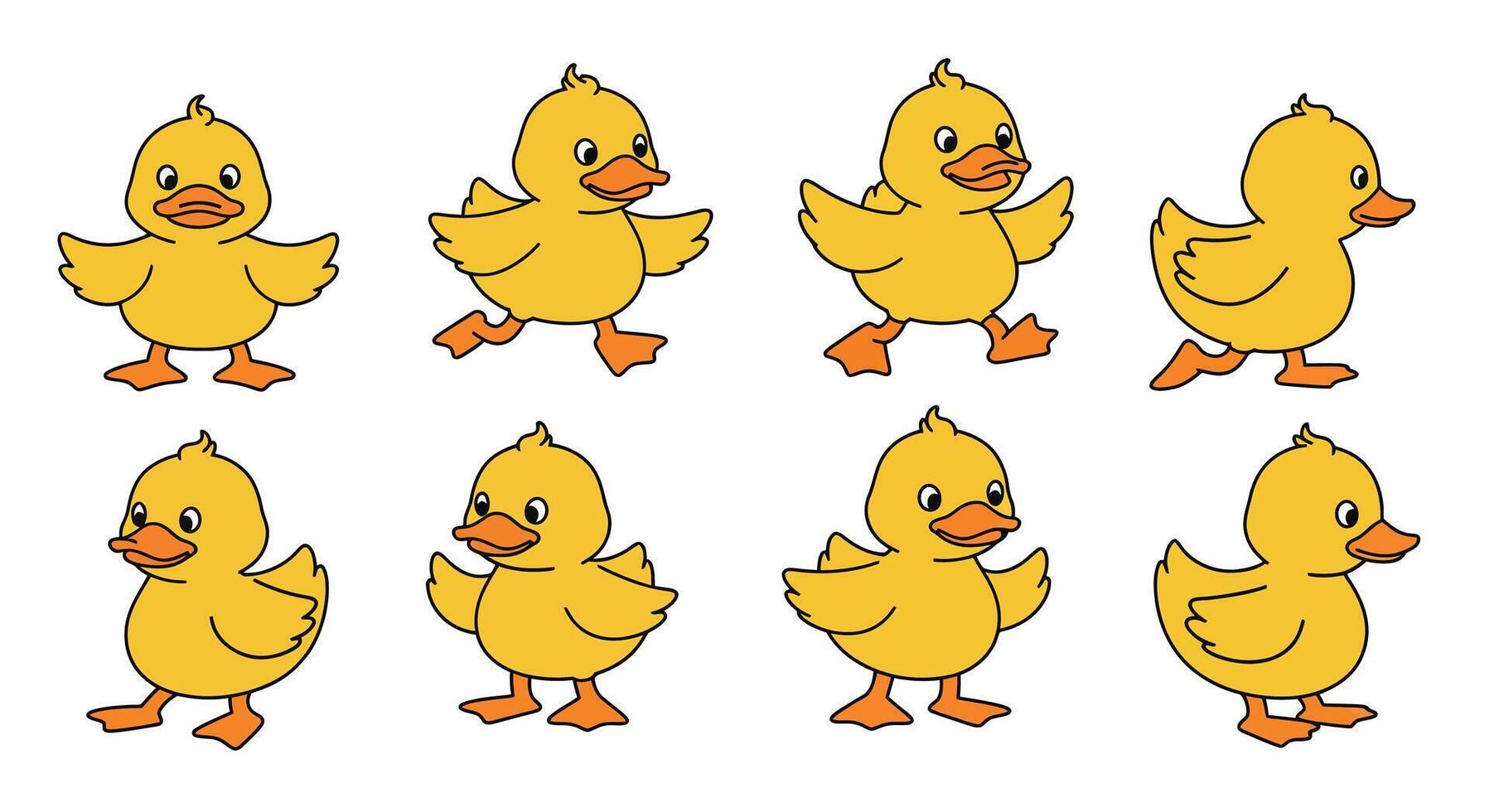 Cute yellow duck character in playful poses flat art vector
