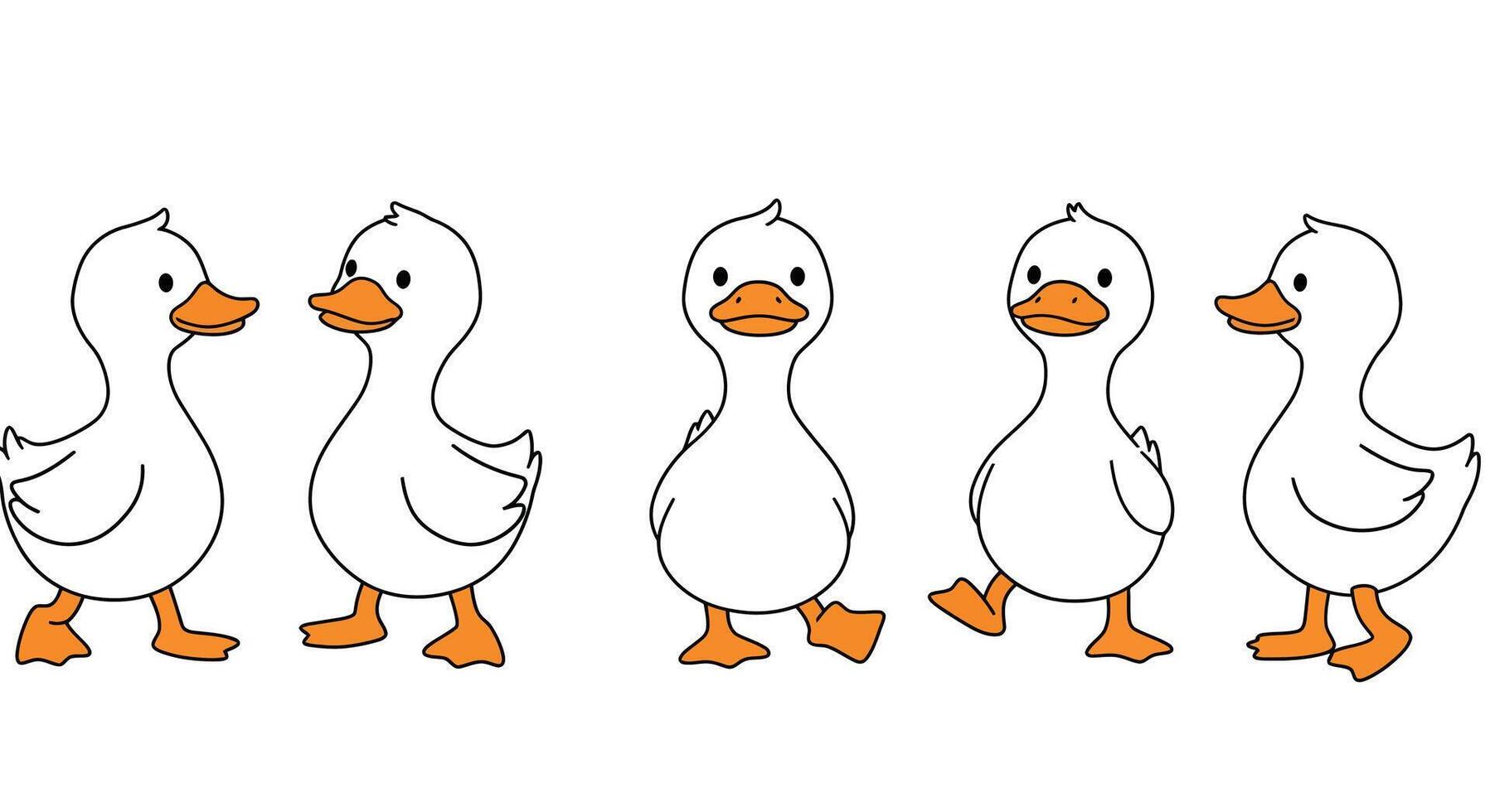 Cartoon ducks walking in a playful manner in flat art vector