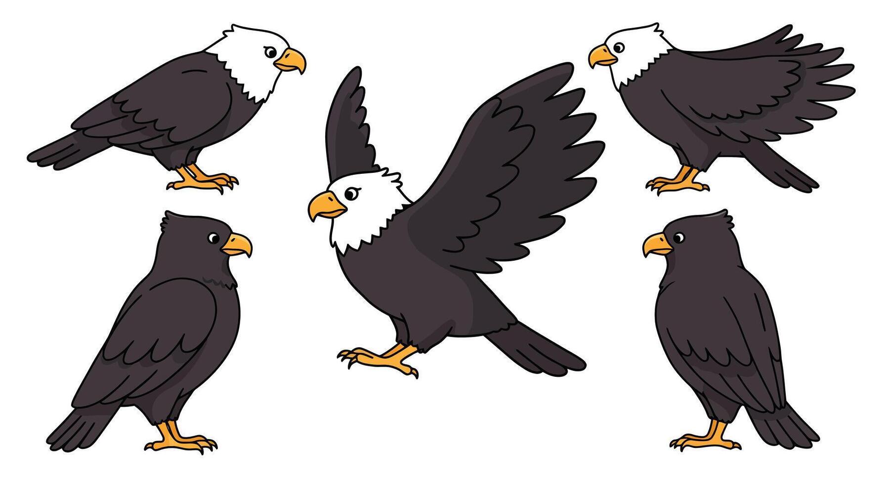 Eagle character design in flat style showcasing different poses in art vector