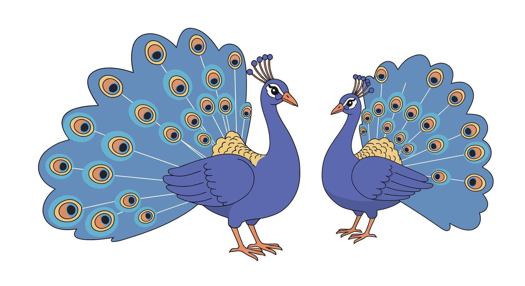 Colorful peacocks displaying feathers in flat art style showcasing elegance and beauty vector
