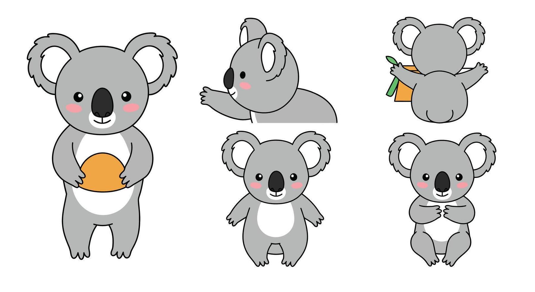 Cute koala character in playful poses with minimal design elements illustration vector