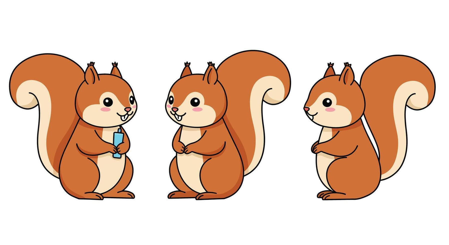 Cute cartoon squirrel character in three frames with flat design art vector