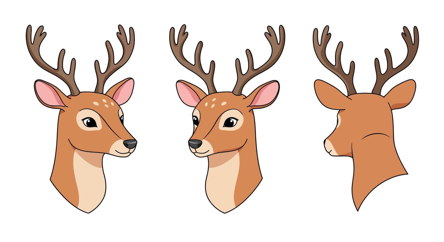 Deer head illustrations in various angles featuring flat design style art vector