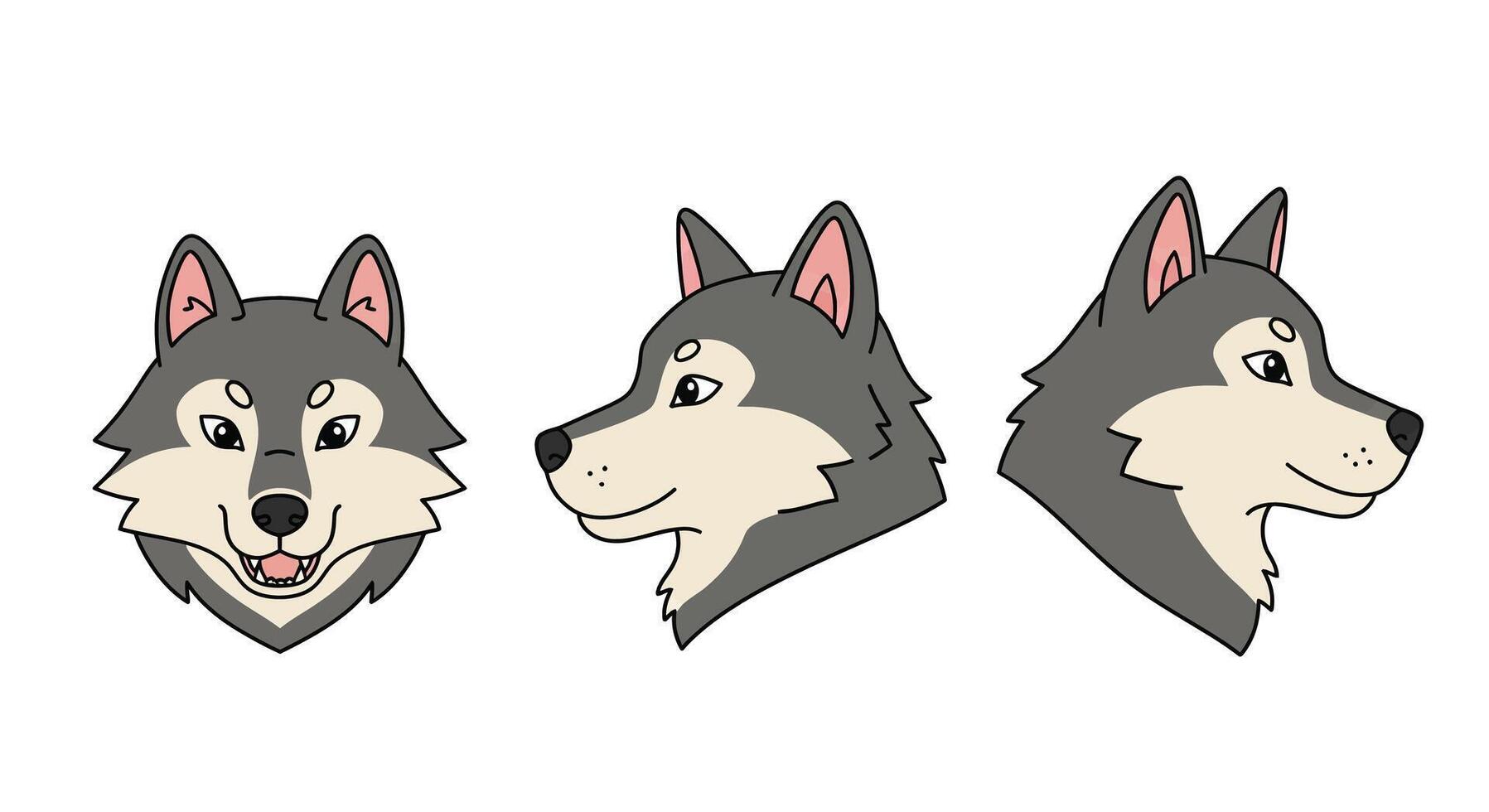 Detailed wolf head illustration in flat design showcasing three angles in art vector