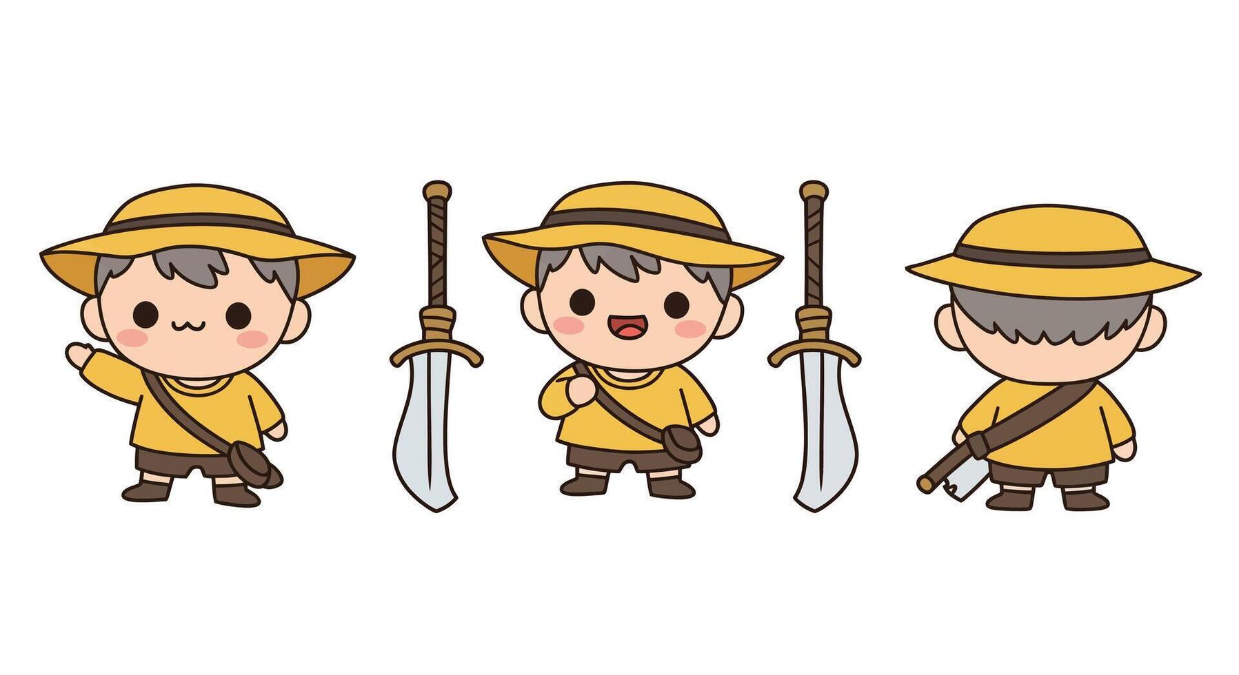 Cute character transformation in minimal style with sword and hat illustration vector