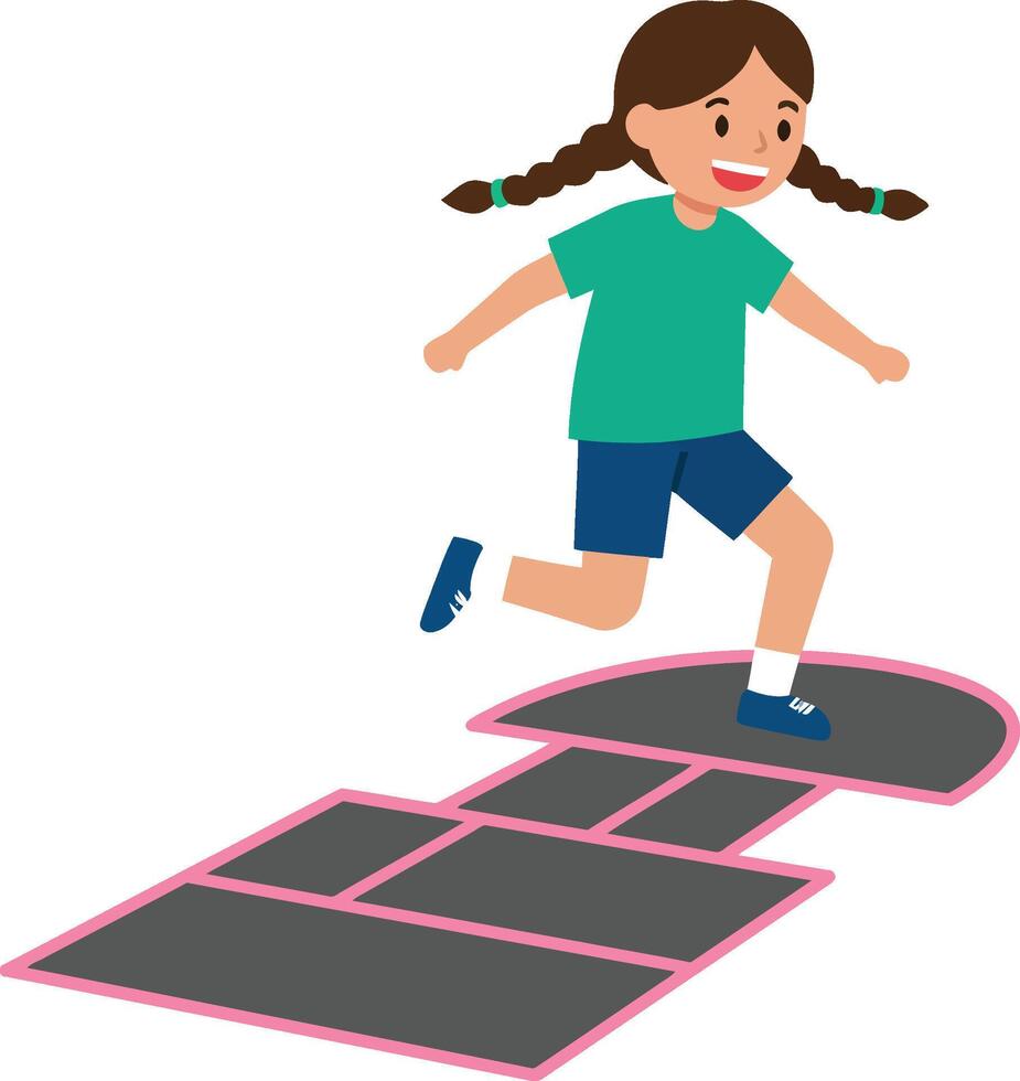 Young girl playing hopscotch in a cheerful flat design illustration vector