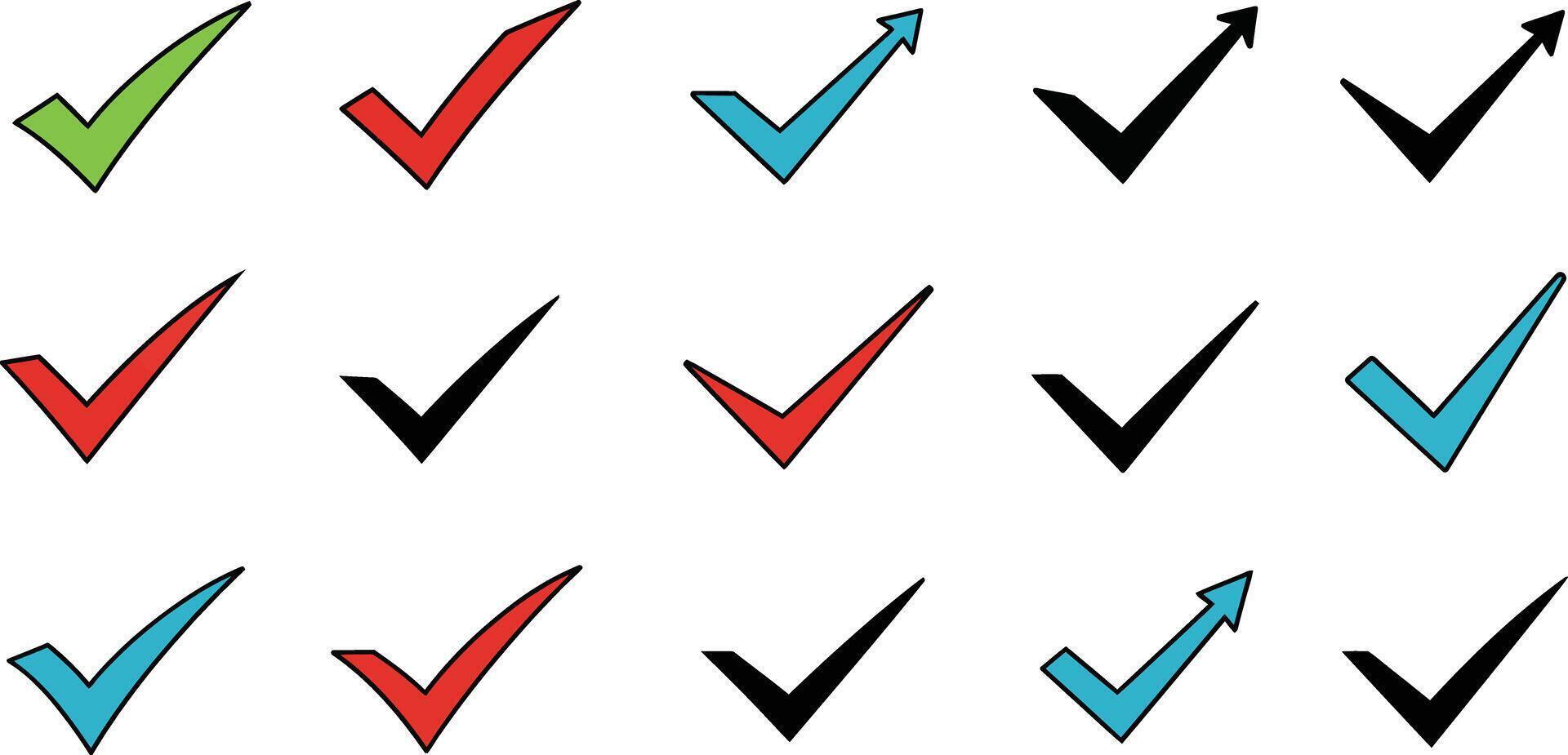 Colorful checkmarks in various styles and orientations showcasing flat art vector