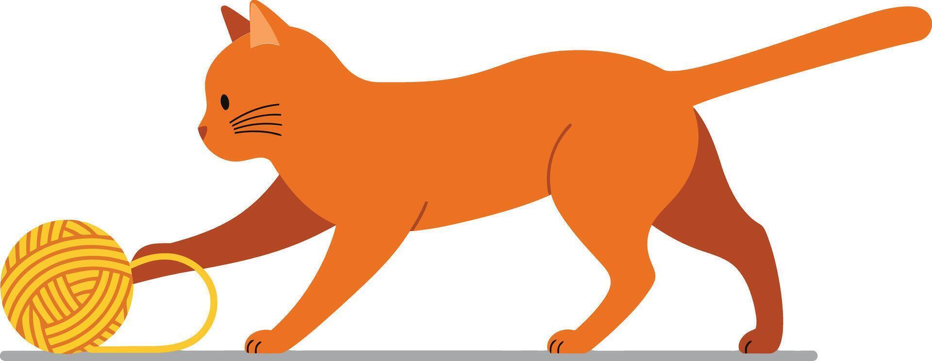 Playful orange cat interacting with a ball of yarn in flat art vector