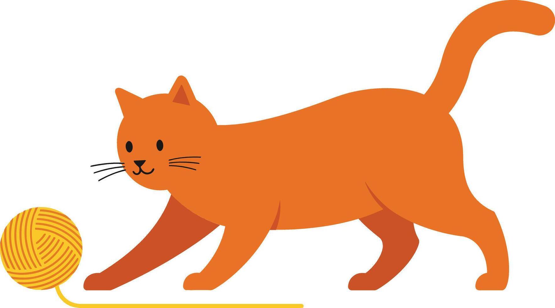 Playful orange cat chasing yellow yarn ball in flat art vector