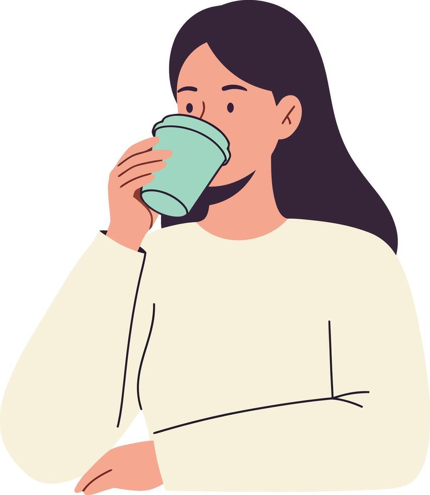 Woman enjoying a warm beverage in flat and minimal style art vector