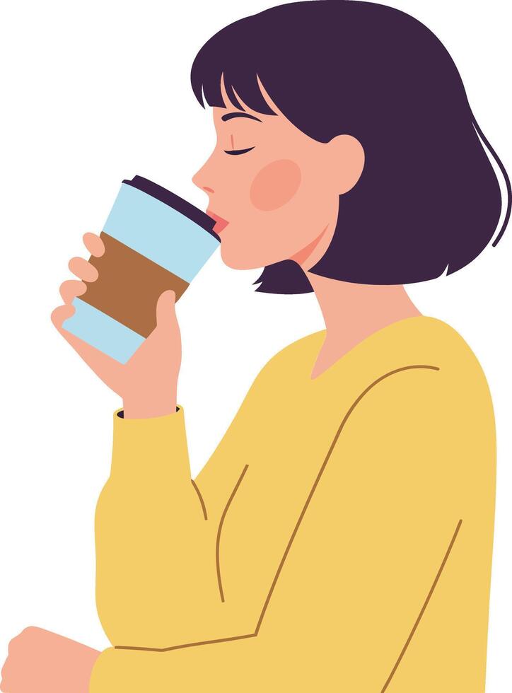 Woman enjoying coffee with a joyful expression in minimal illustration vector
