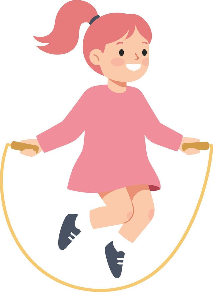 Happy girl skipping rope in playful, colorful flat design illustration vector