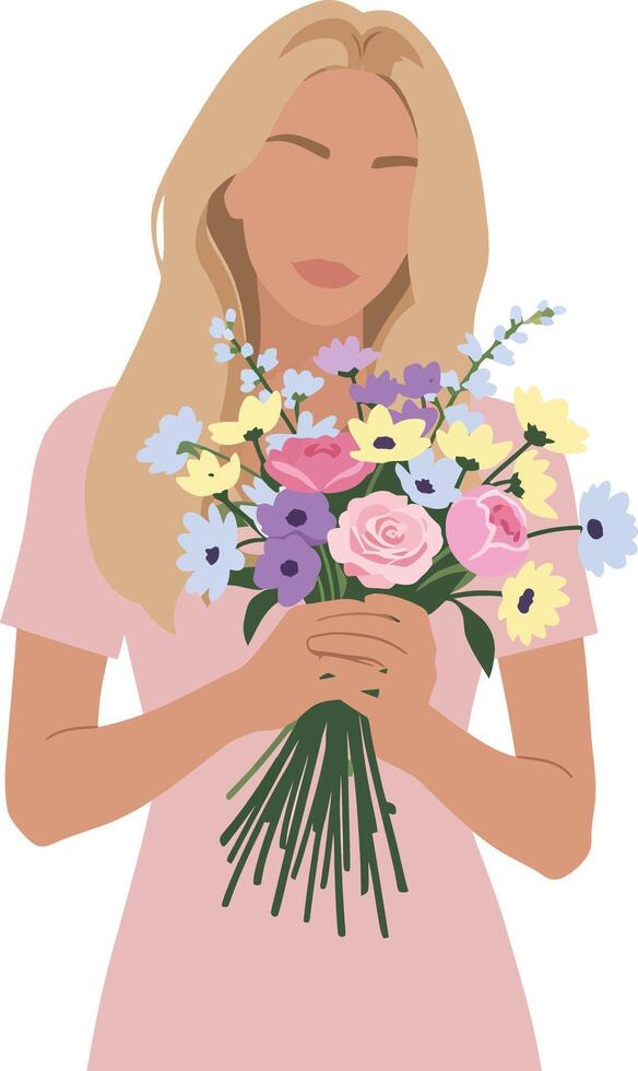 Woman holding a colorful bouquet in flat design style art vector
