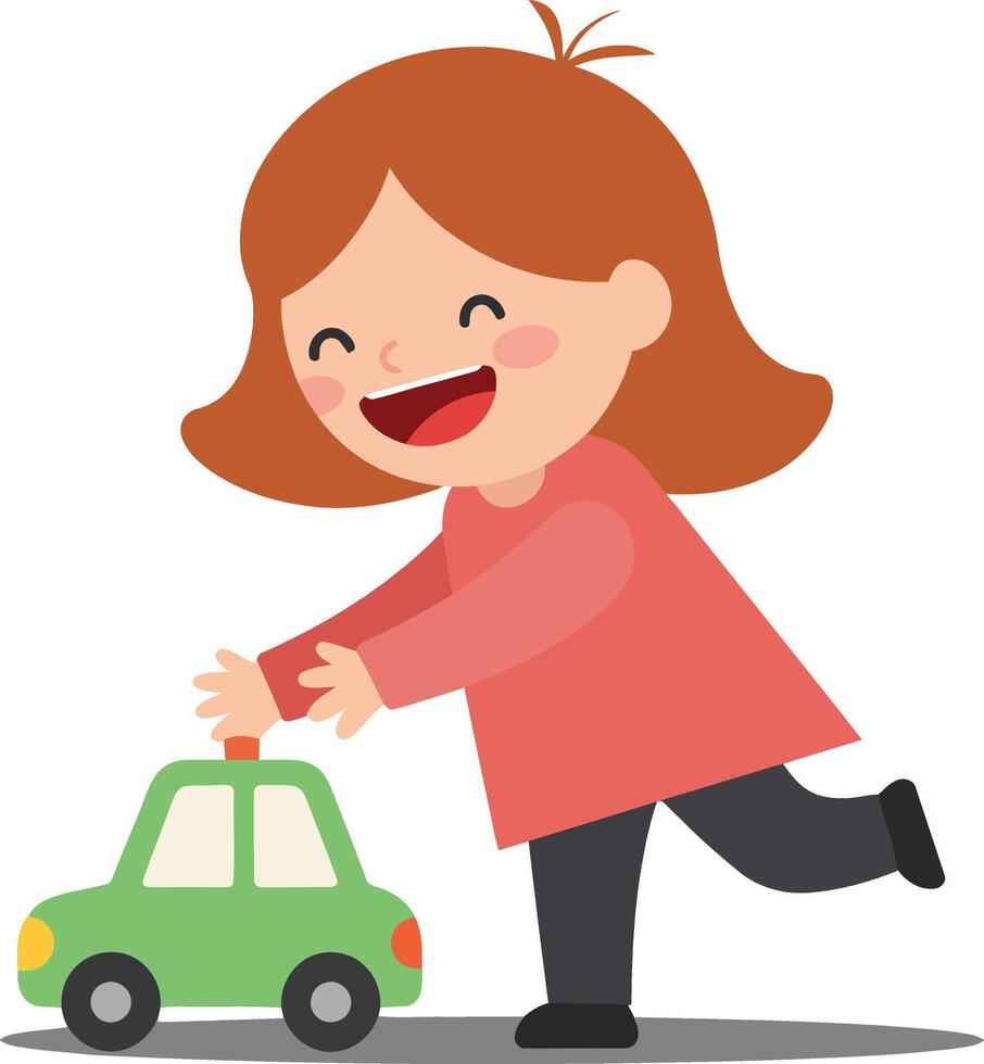 Happy child playing with a green toy car in flat illustration vector