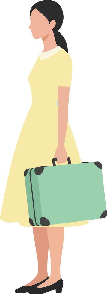 Woman in yellow dress holding a suitcase in minimal art vector