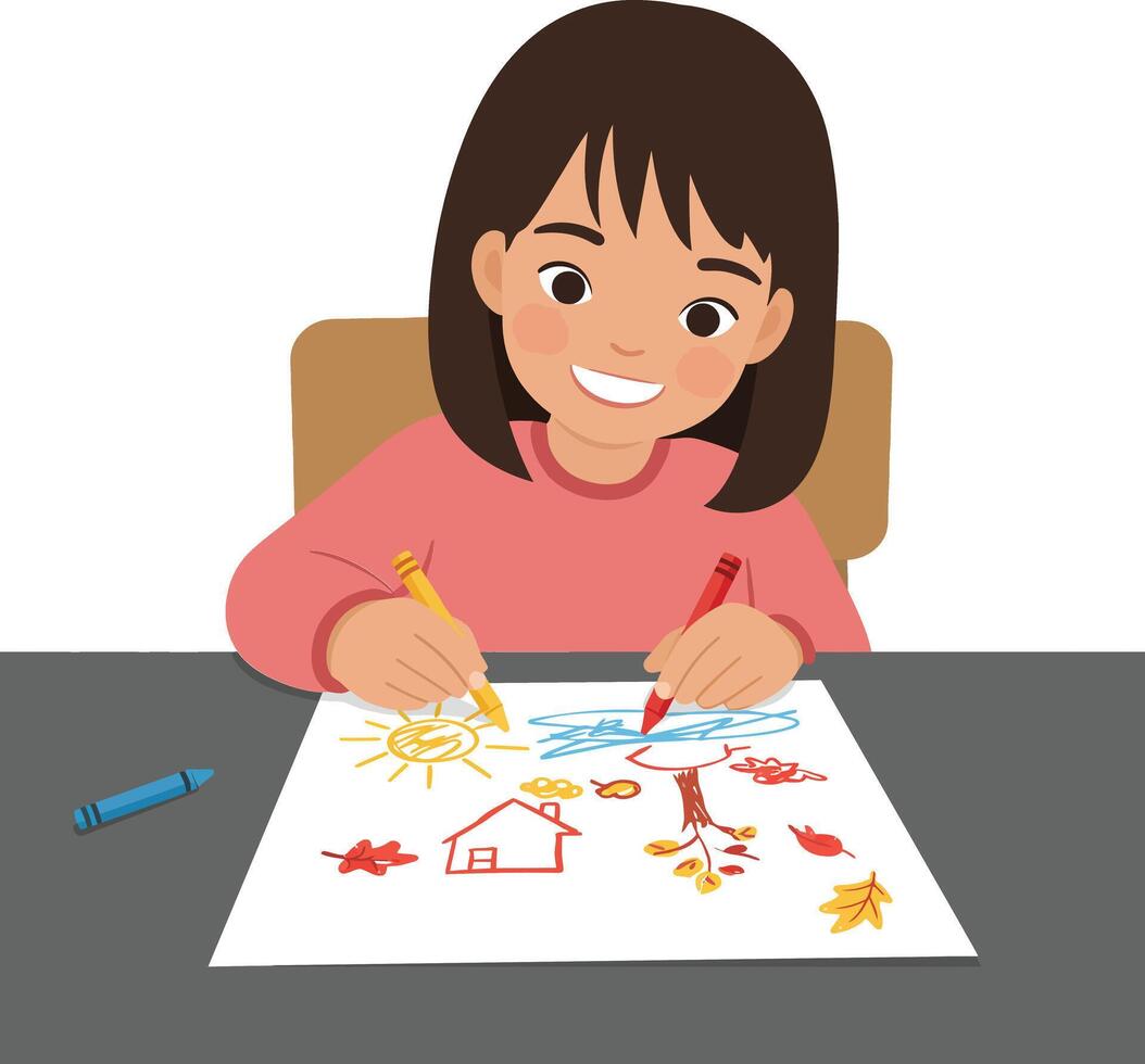Girl happily drawing with crayons in flat, colorful art vector
