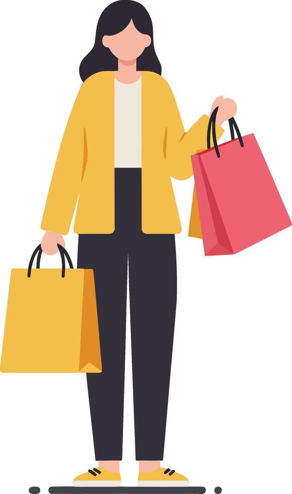 Shopping woman in casual outfit holding colorful bags in flat art vector