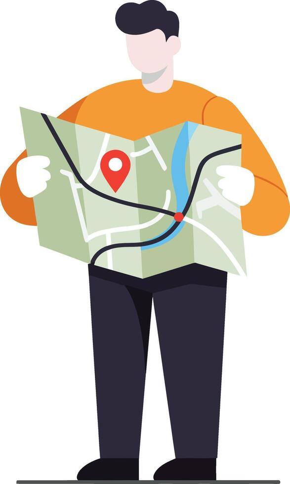 Person holding a map with location pin in flat art style vector