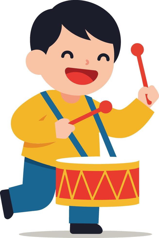 Happy child playing a drum in flat and colorful art vector