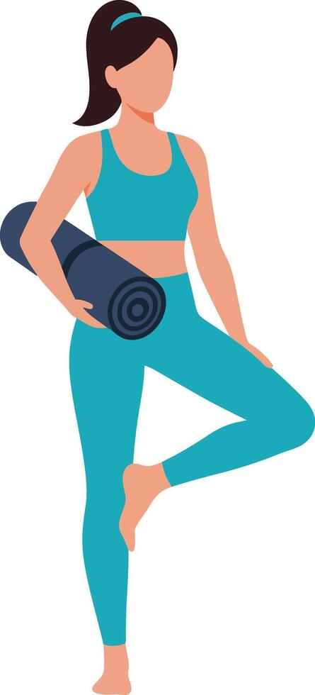 Yoga practitioner balancing on one leg while holding a mat in flat illustration vector