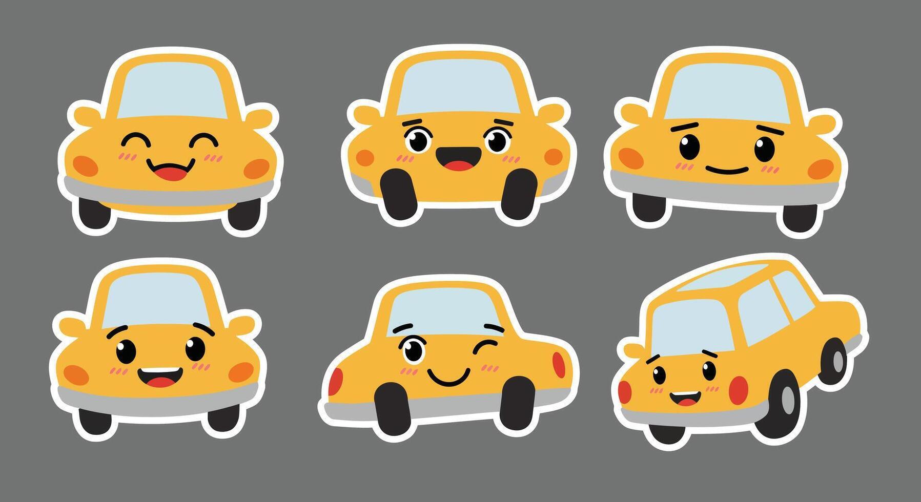 Cute cartoon cars expressing different emotions in flat art vector