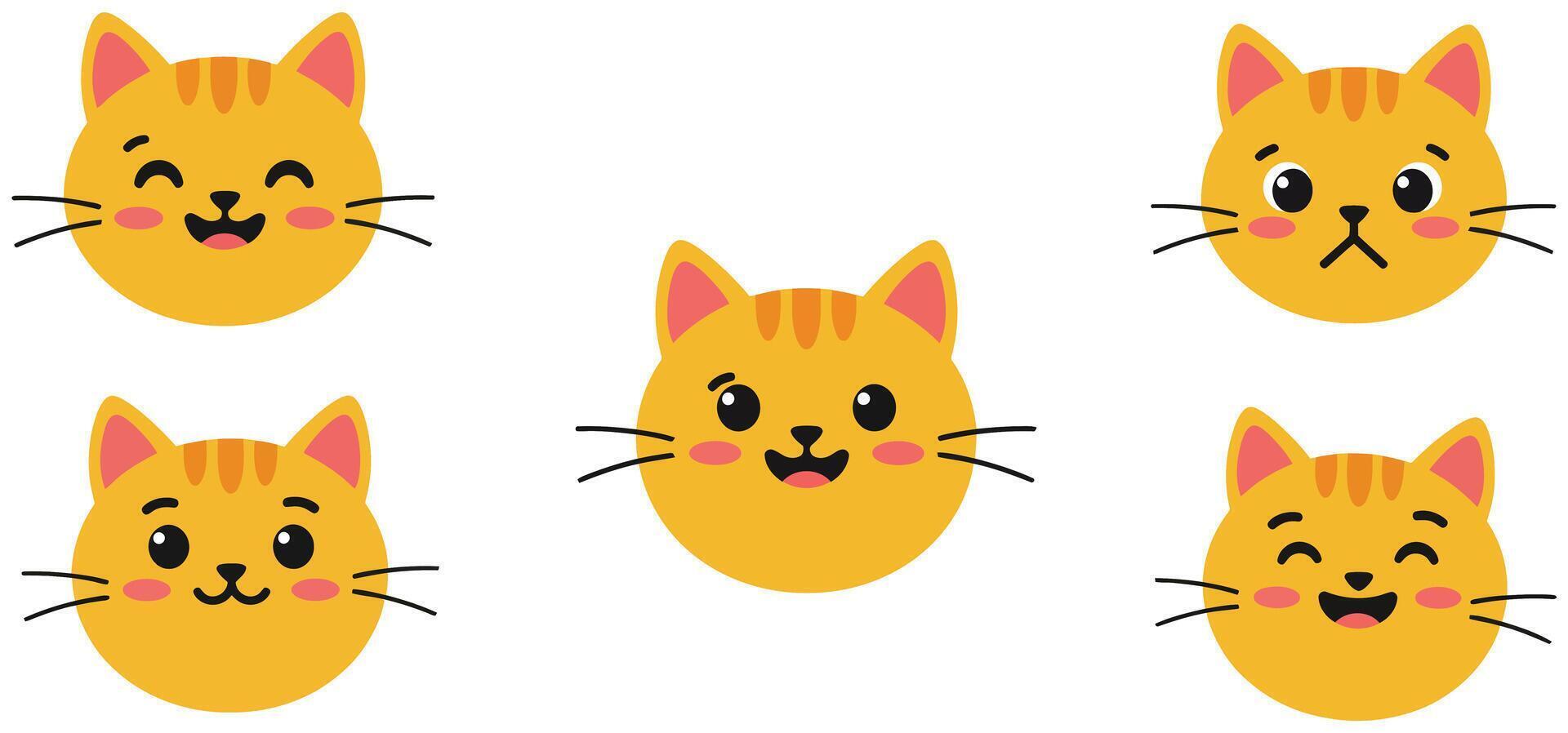 Cat expressions in playful designs featuring flat colors and minimal details illustration vector