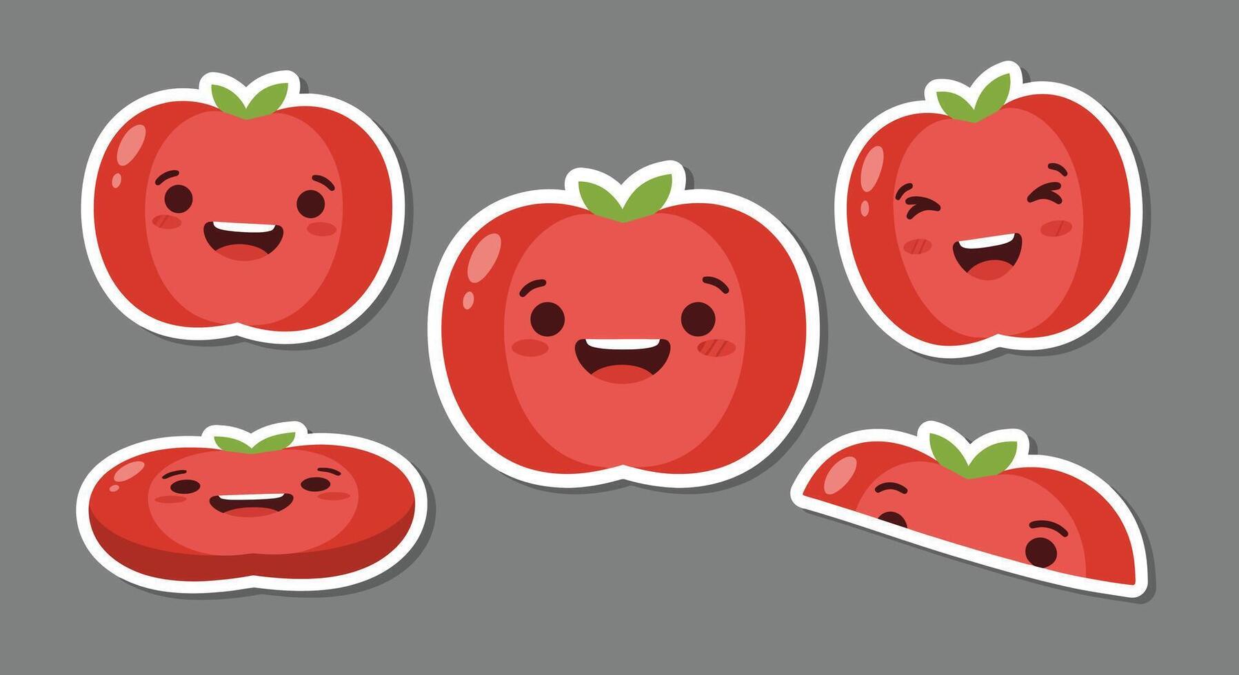 Cute red tomato characters in playful expressions flat illustration vector