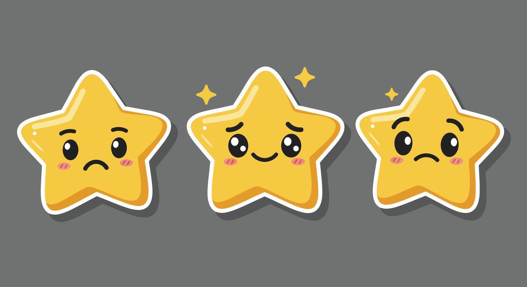 Three expressive star characters showcasing emotions in a colorful flat illustration vector