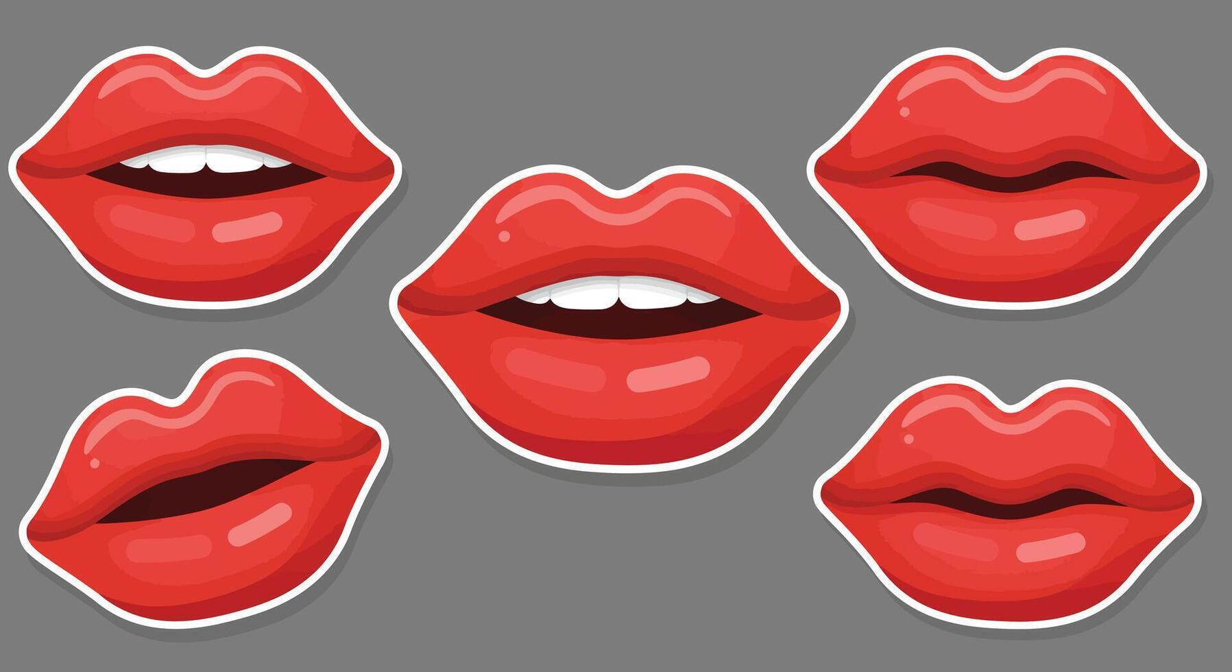 Red lips transformation in flat style art showcasing different expressions and shapes in five frames vector