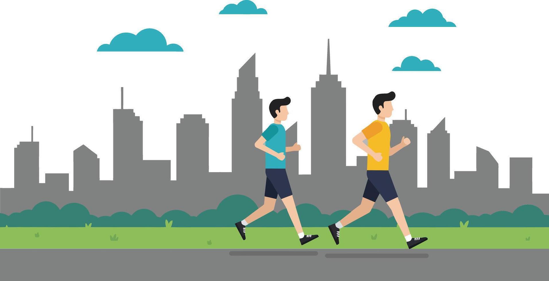 Two runners in a cityscape transitioning from casual to energetic flat illustration vector