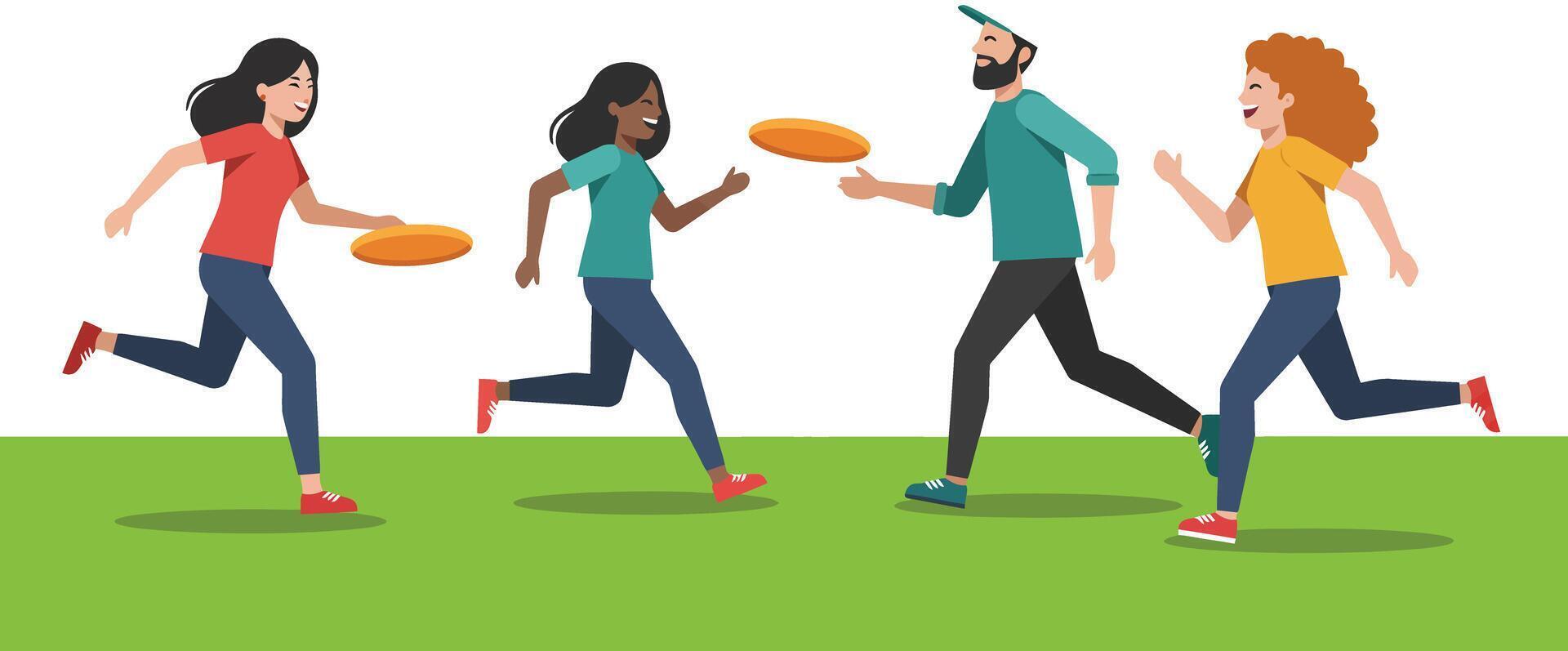 Group of friends playing frisbee in a park detailed illustration vector