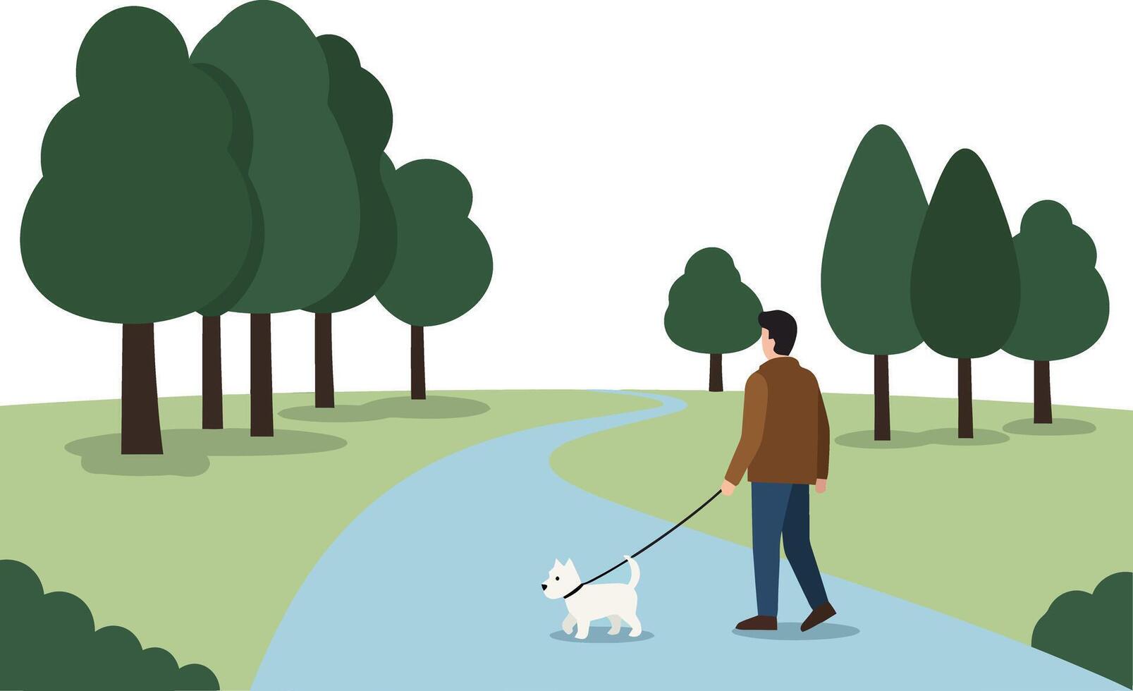 Person walking a small dog through a park in a flat illustration vector