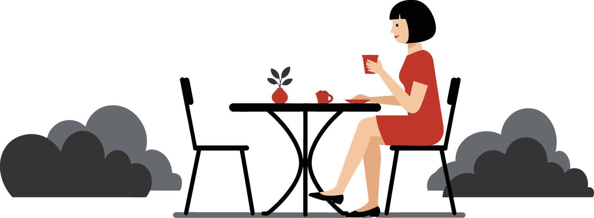 Woman enjoying tea at a table in a minimal flat illustration vector