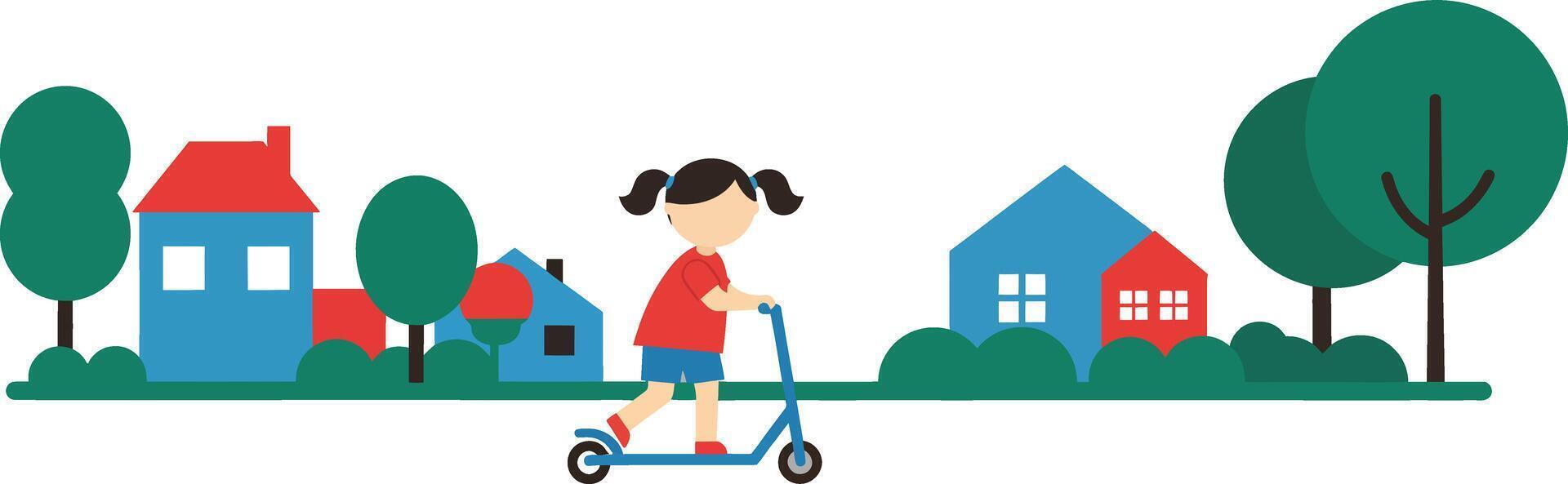 Girl riding a scooter through a colorful neighborhood in flat art vector