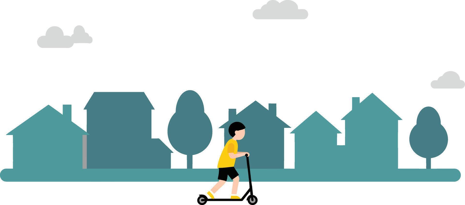 Child riding scooter through neighborhood in flat illustration vector
