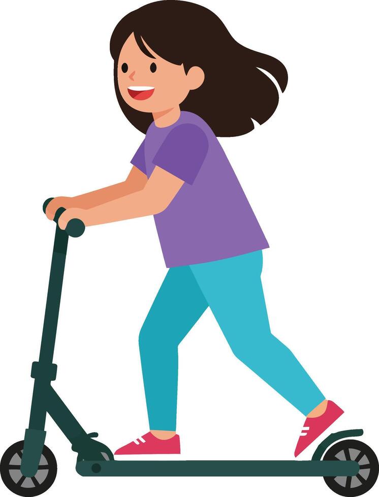 Girl riding a scooter in a flat and colorful illustration vector