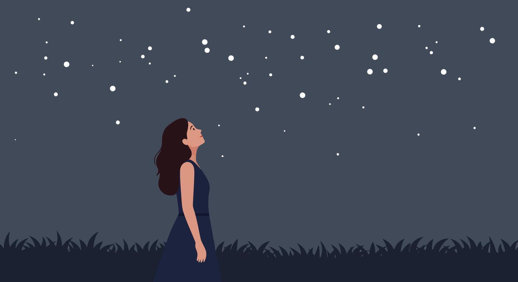 Woman gazing at stars in dark sky flat illustration vector