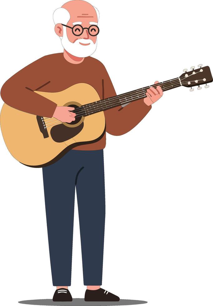 Elderly man playing acoustic guitar in minimal flat art vector