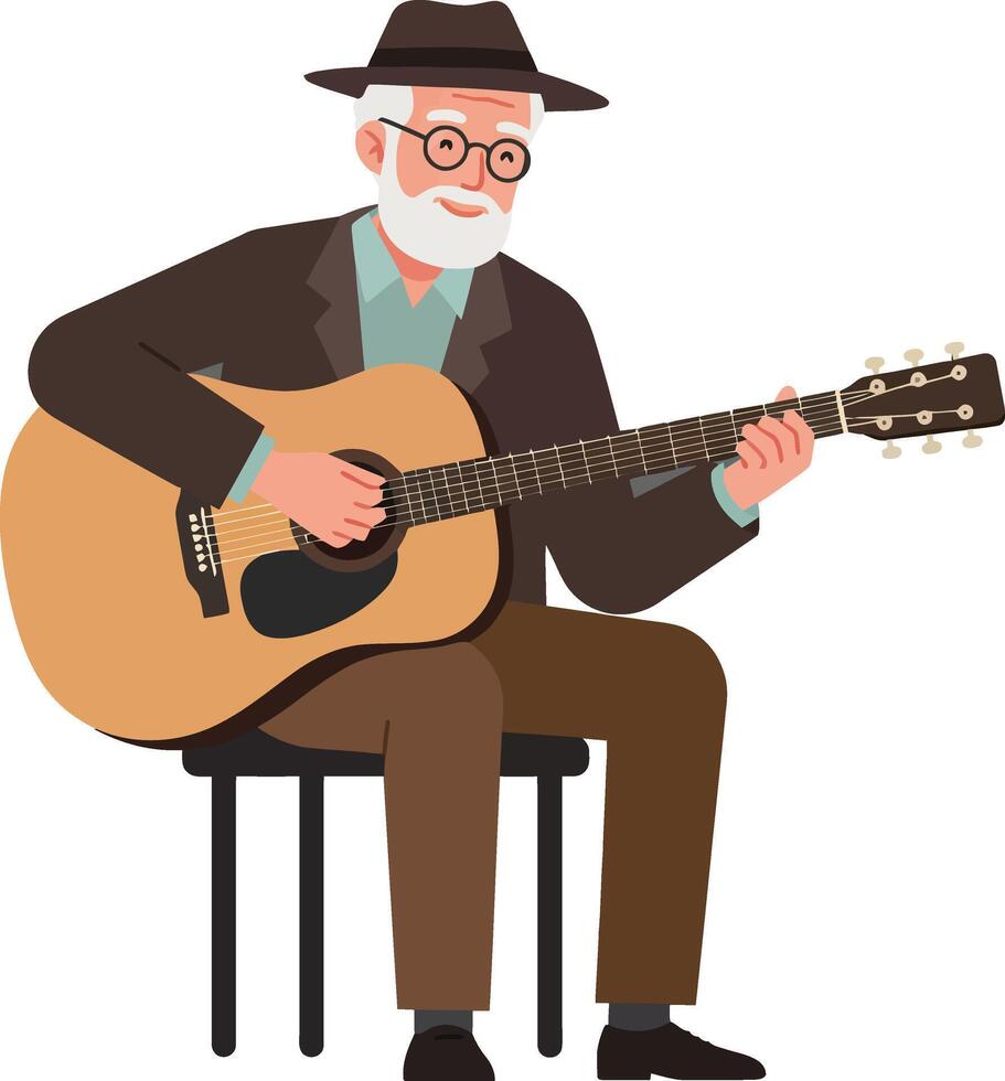 Elderly man playing acoustic guitar in flat minimal illustration vector