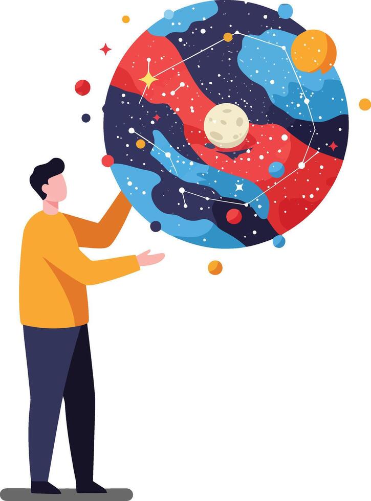 Person holding a colorful planet in a minimal flat design illustration vector