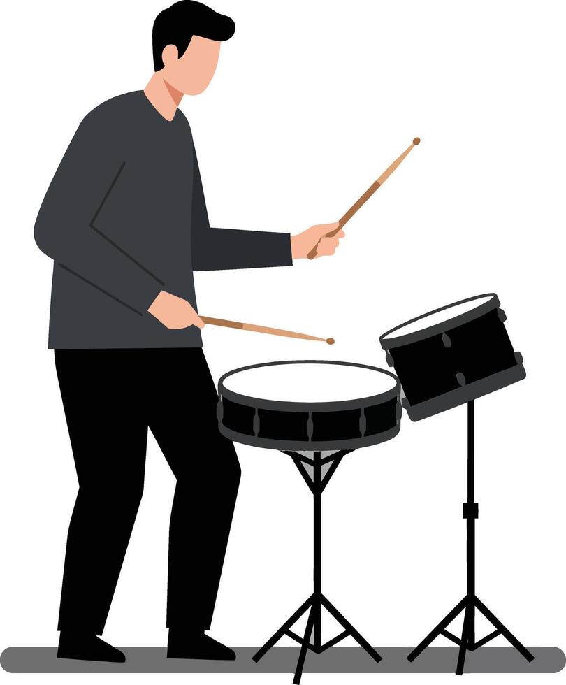 Drummer playing an energetic rhythm in a flat illustration vector
