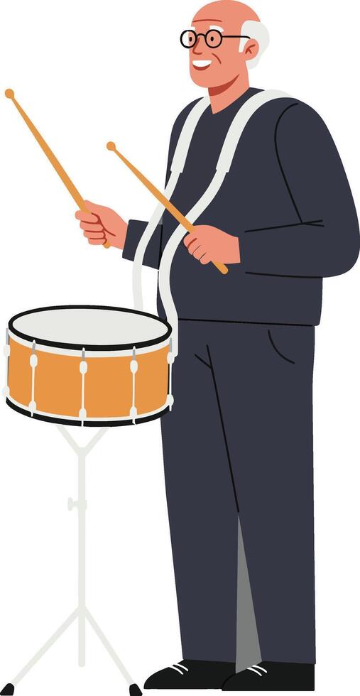 Elderly man playing a snare drum in flat style art vector
