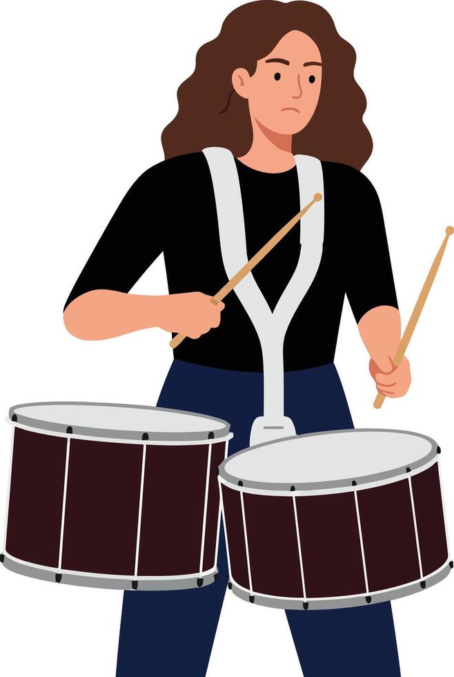 Female drummer performing rhythmic beats in flat style art vector