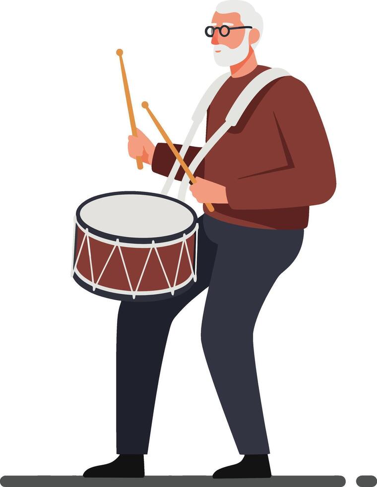 Elderly man playing a drum in flat illustration style vector