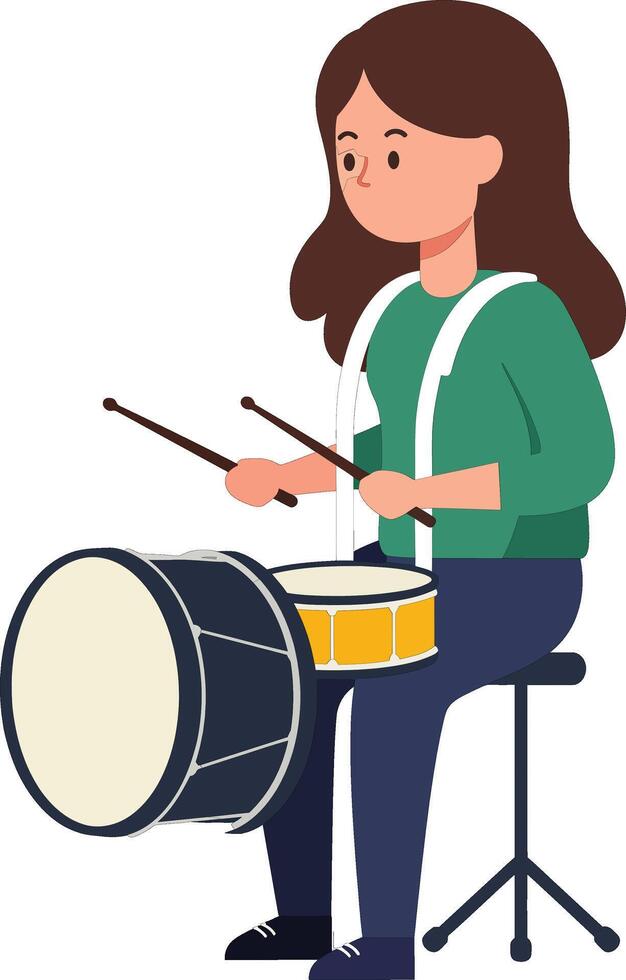 Girl playing the drum in a minimal flat design illustration vector