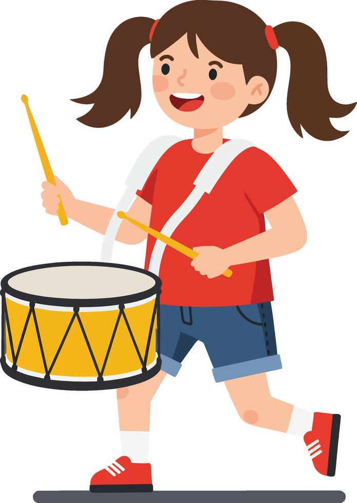 Happy child playing a drum in a fun, colorful flat art vector
