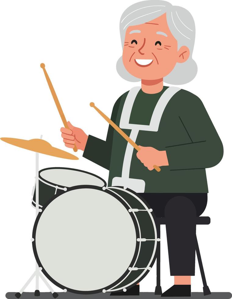 Elderly man playing drums in a cheerful style flat art vector