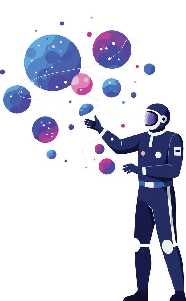 Astronaut exploring colorful bubbles in a minimal design illustration vector