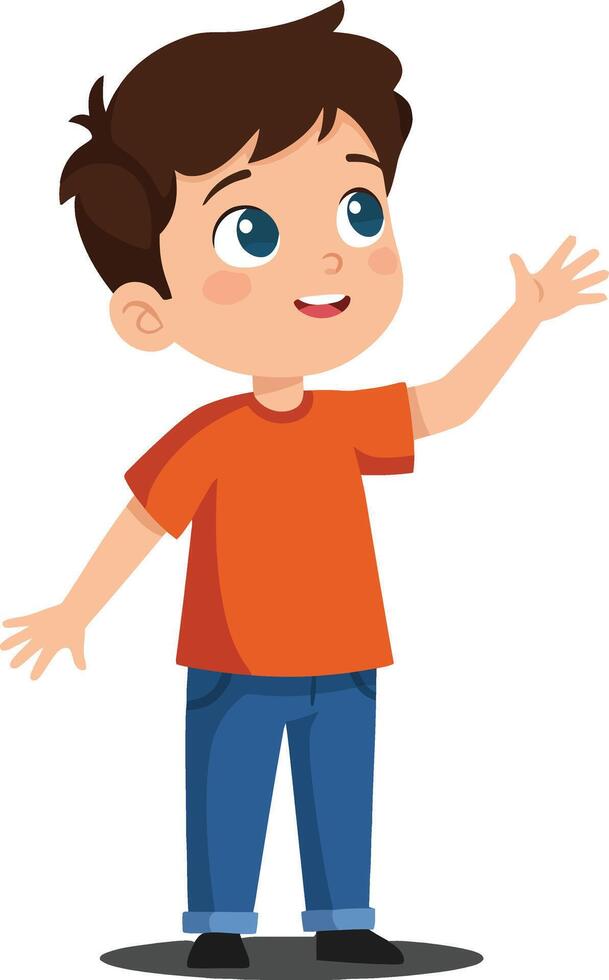 Happy boy in orange shirt gesturing excitedly in flat art vector